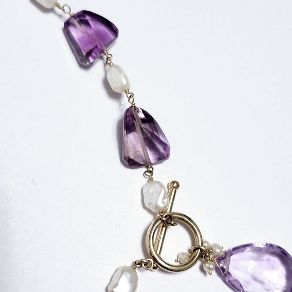 14K Gold Amethyst Pearl Drop Necklace - Picture 7 of 12